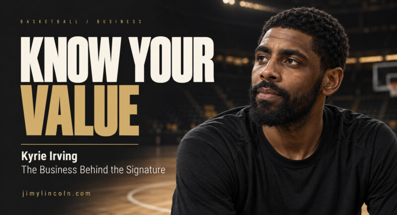 Editorial illustration of Kyrie Irving beside “Know Your Value” and “The Business Behind the Signature.”