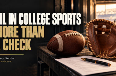 Football, leather catcher’s mitt, and contract beside the headline “NIL in College Sports: More Than a Check,” by Jimy Lincoln.