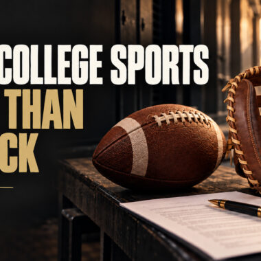 Football, leather catcher’s mitt, and contract beside the headline “NIL in College Sports: More Than a Check,” by Jimy Lincoln.