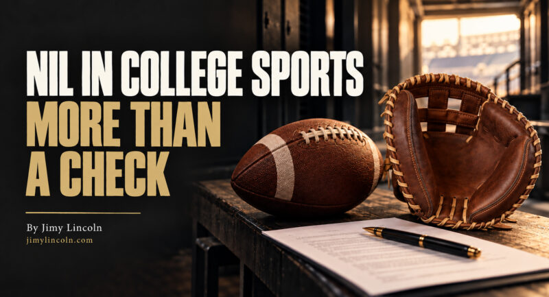 Football, leather catcher’s mitt, and contract beside the headline “NIL in College Sports: More Than a Check,” by Jimy Lincoln.